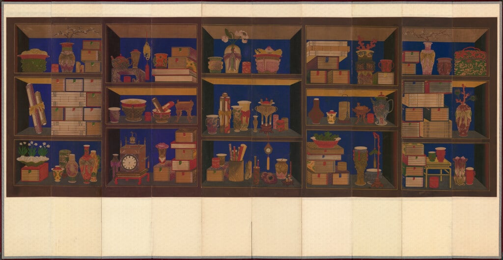 Collection Korean folding screen representing a library, presented at the Guimet Museum