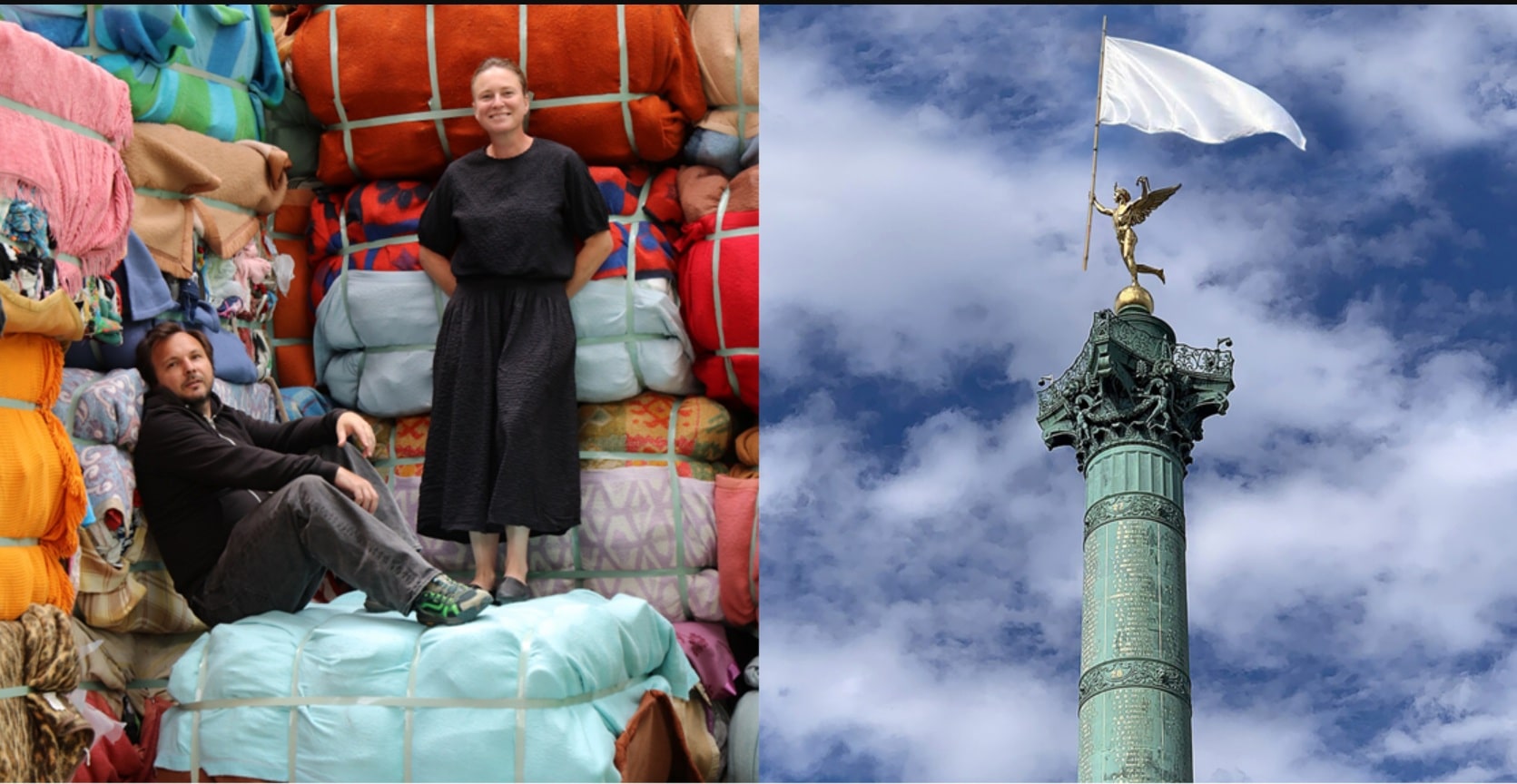 The Re-taking of the Bastille installation with flags made from recovered clothing in Paris